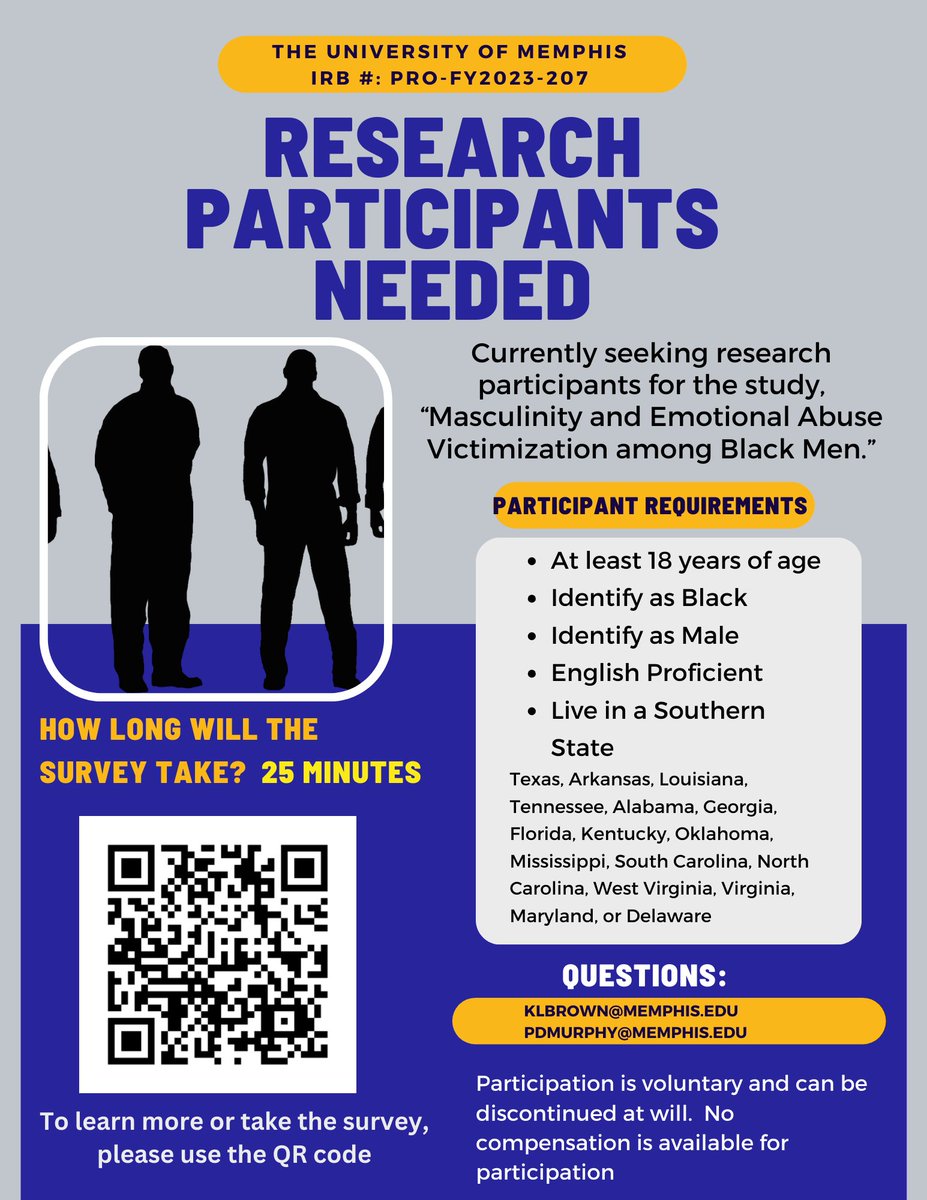 Friends, I have a student in the College of Ed here at Memphis who is conducting research on Black, Males, who live in a Southern State. If you could help her with her dissertation and share this link with any relevant friends or networks. memphis.co1.qualtrics.com/jfe/form/SV_7Q…