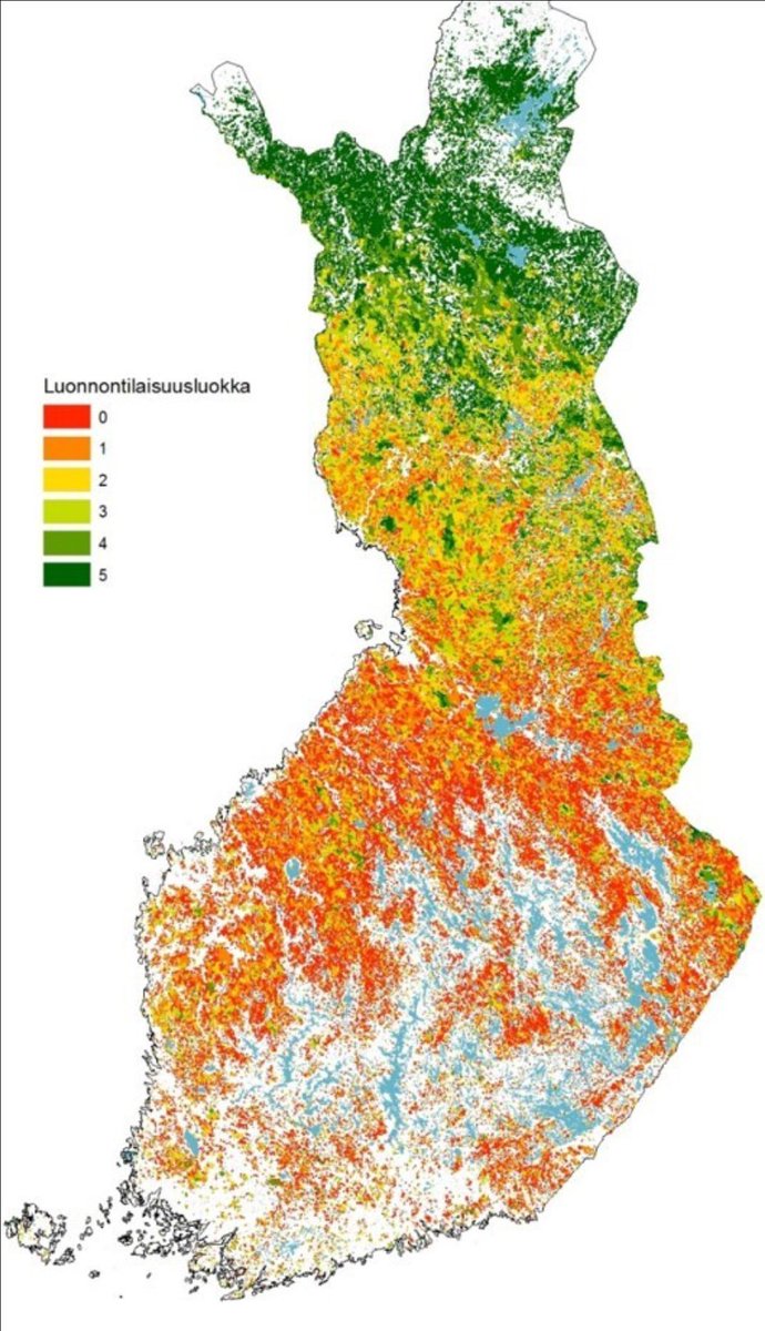 Tämän kuvan vastinpariksi kannattaa katsoa esim. tätä karttaa soiden luonnontilaisuusluokasta Suomessa. Se auttaa hahmottamaan, miten Suomen luonto voi. 

Se, että meillä on paljon puuta, ei kerro luonnon tilasta vielä mitään. Ennallistamisasetus olisi hyödyttänyt myös Suomea.