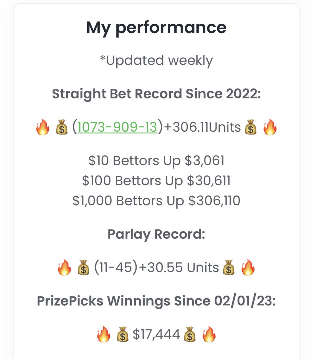 🚨STRAIGHT BETS SINCE 2022🚨

🔥💰(1073-909-13)+306.11U💰🔥

💸LAST WEEK: (30-20)+7.74U💸

💸YTD: (207-176)+43.47U💸

✅SUBSCRIBE BELOW FOR JUST 9.99/WEEK or 19.99/MONTH TO GET ALL OF OUR DAILY PICKS✅

bit.ly/ChalkDogBetting

#GamblingTwitter #PrizePicks #MarchMadness  #NFL