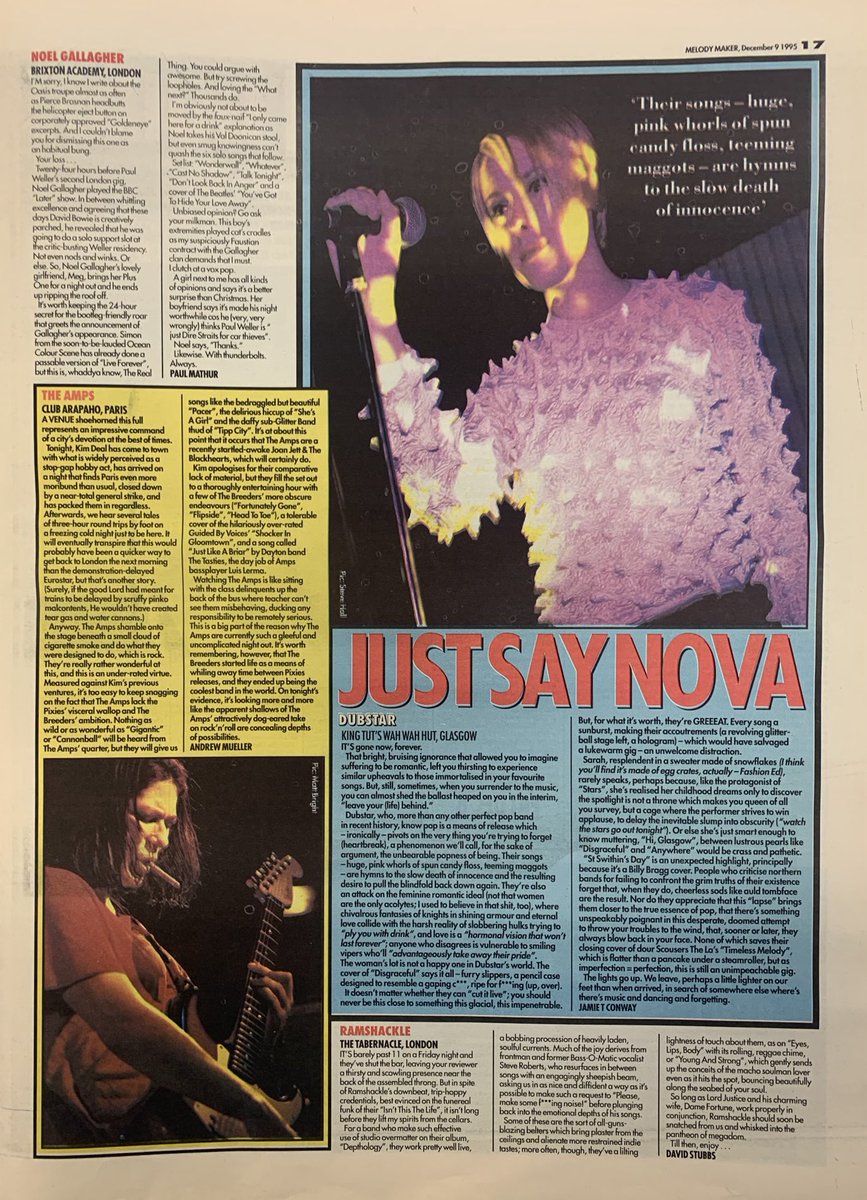 Live! Dubstar! Noel Gallagher! The Amps! Ramshackle! Melody Maker, 9 December 1995. #MelodyMaker #MyLifeInTheUKMusicPress #1995