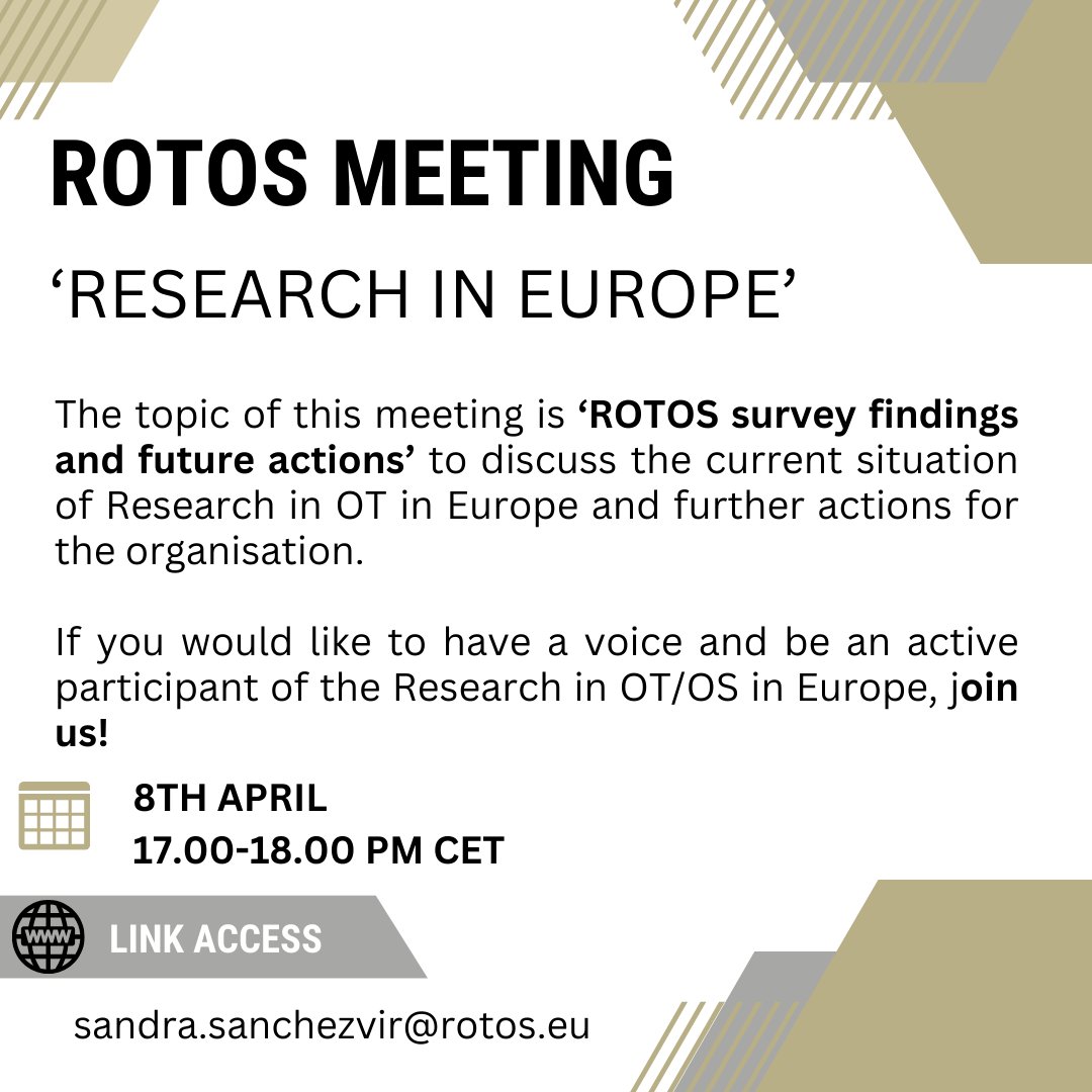 #ROTOSMEETING on the 8th of April. In the meeting we will discuss the current situation about Research in OT/OS among Europe. Join us to actively participate of this community of researches! See email for inscriptions below. #occupationaltherapy #research #occupationalscience