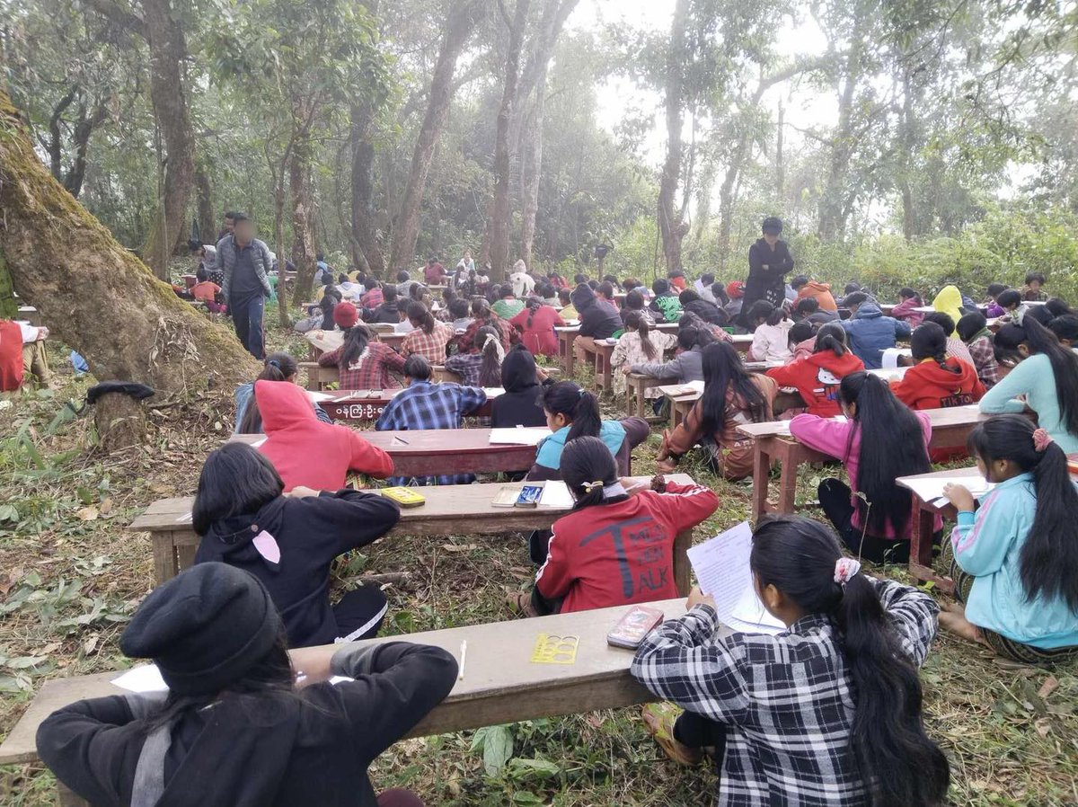 Forest becomes school classroom while students, teachers, and public have to flee their towns and villages. These students took final exam for this academic year. Photo crd: facebook.com/photo?fbid=797…