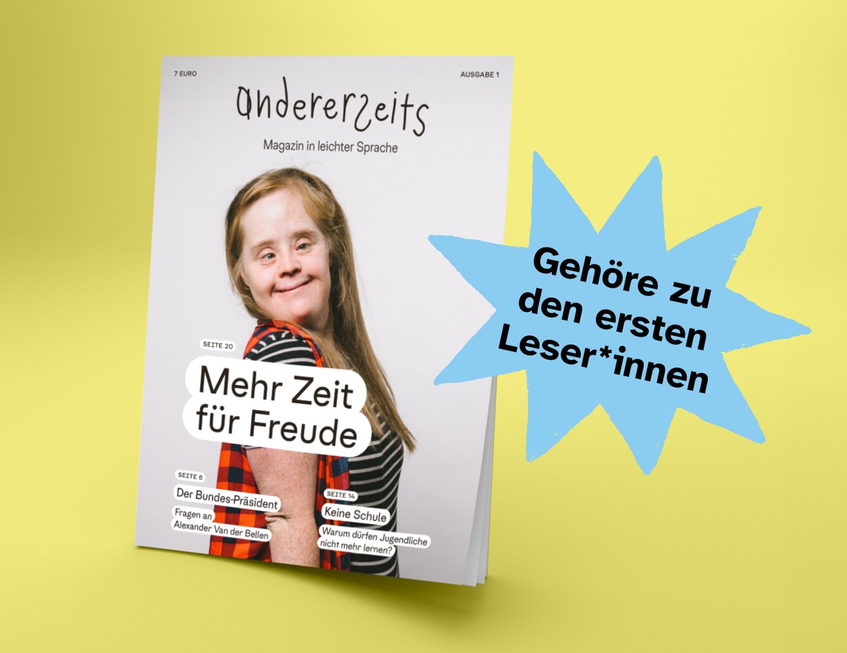 andererseits's tweet photo. Gehöre zu den ersten Leser*innen unseres Magazins. 
Ab morgen verschicken wir unser Magazin in leichter Sprache an alle Abonnent*innen. Werde jetzt Unterstützer*in von andererseits und sei unter den ersten, die das Magazin erhalten. 
https://t.co/A81imz5qrb https://t.co/4tCoaJQHdP