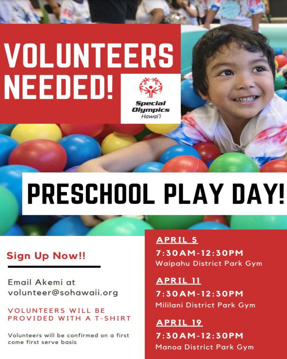 We're looking for volunteers to join us for our upcoming Preschool Play Day! Help spread #smiles from 7:30am - 12:30pm at Waipahu District Park on April 5, Mililani District Park on April 11, and Manoa District Park on April 12. To sign up, email Akemi at volunteer@sohawaii.org.