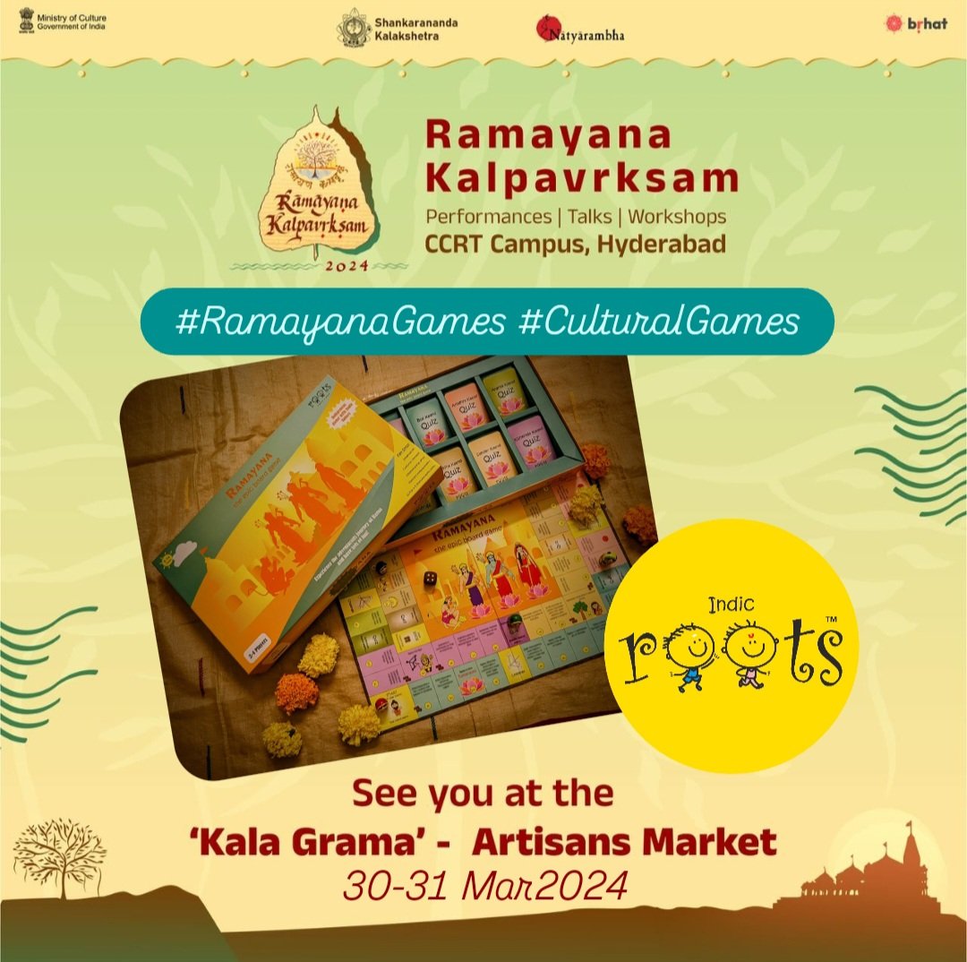 Come and witness this beautiful 3 day event being organised by Shankarananda Kalakshetra @anandasjayant in association with @MinOfCultureGoI & @brhat_in Do visit 'Indic Roots' at 'Kala Grama' for our unique & innovative #RamayanaGames #CulturalGames Hyderabad, 29-31 Mar2024