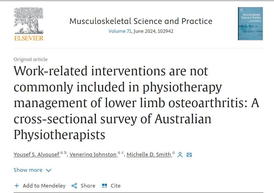 Physiotherapists prioritise education, exercise and weight loss in OA management but work-related management is a low treatment priority when managing lower limb OA. Link to the article buff.ly/497FDrj