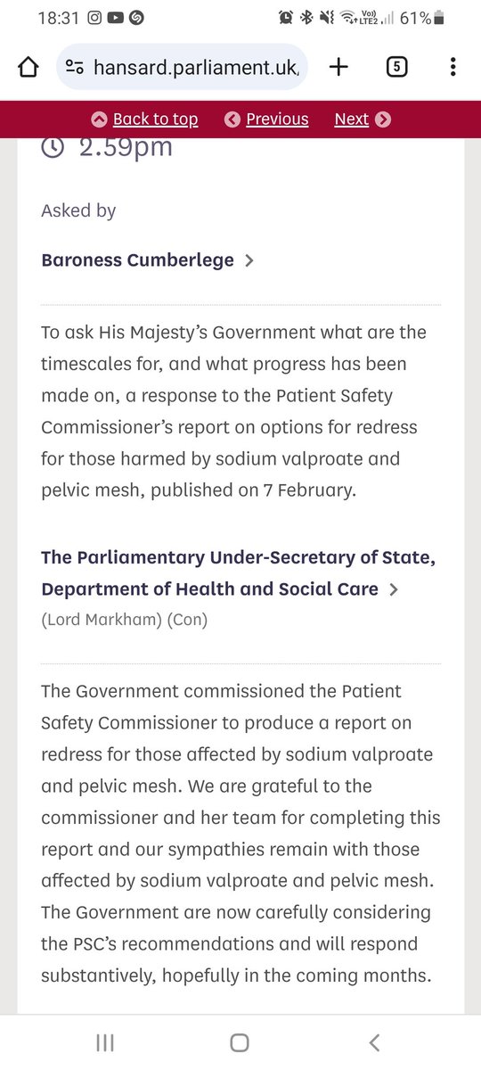 Thank you to @JuliaCumberlege for raising the topic of #compensationforvalproate once again in the @UKHouseofLords The @DHSCgovuk have had the #Hughesreport since December how much longer must these people suffer @Jeremy_Hunt