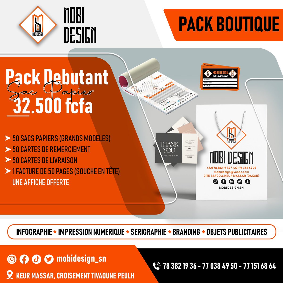 Mobidesign_sn's tweet photo. *PACK SPÉCIAL BUSINESS*
Nous vous proposons des packs spéciales pour votre business. Avec des sacs en carton, factures, cartes de livraison, cartes de visite, t-shirts et polos personnalisés

🌐 @mobidesign_sn
📍Keur Massar, Dakar, Sénégal
📱 Tél: (+221) 78 382 19 36 https://t.co/DiGkQoDZxR