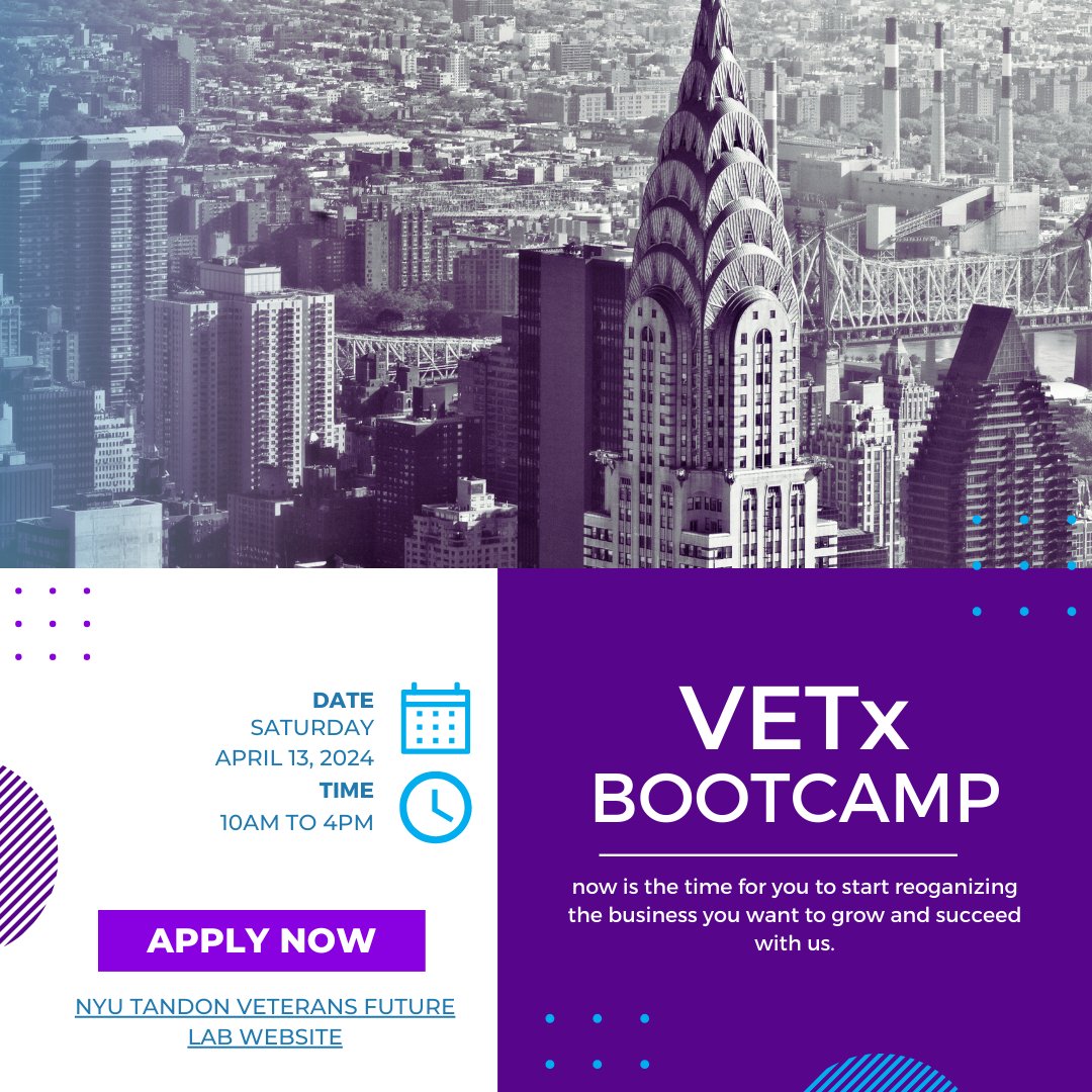 Veterans Future Lab (@vetsfuturelab) on Twitter photo Looking to start a new business? Join us for the no-cost, one day Veterans Entrepreneurship Training bootcamp for #vetrepreneurs, #milspouses & service members. Apply by 04/10/24! <a href="/nyutandon/">NYU Tandon</a> l5hb01vy.paperform.co Looking to start a new business? Join us for the no-cost, one day Veterans Entrepreneurship Training bootcamp for #vetrepreneurs, #milspouses & service members. Apply by 04/10/24! <a href="/nyutandon/">NYU Tandon</a> l5hb01vy.paperform.co