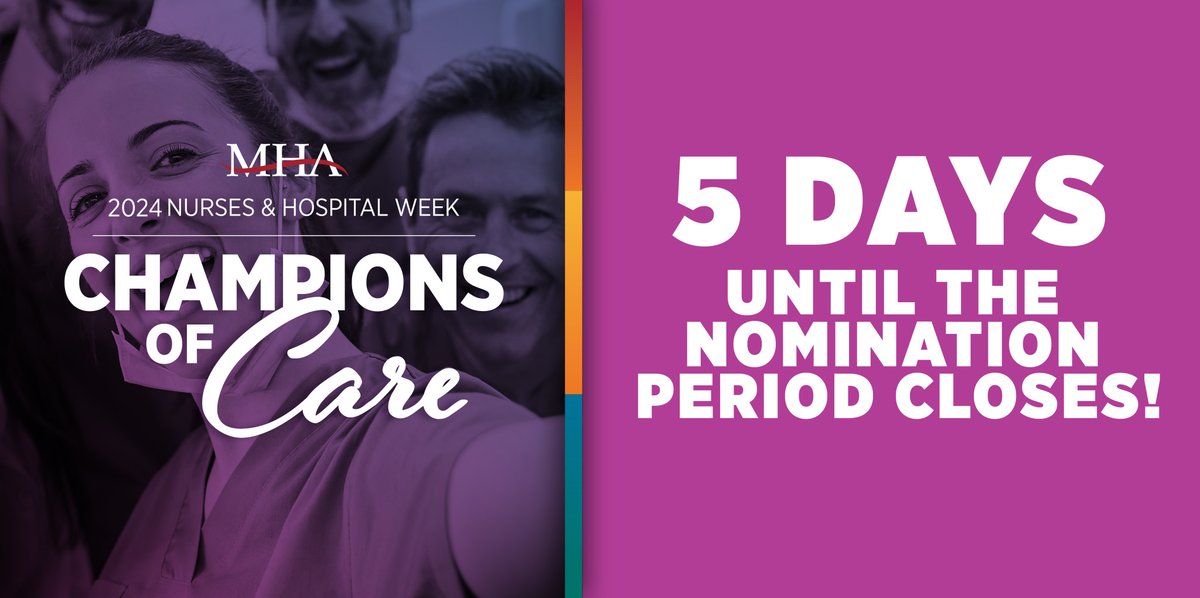 ONLY 5 DAYS LEFT TO NOMINATE #MoHospitals ✨Champions of Care!✨ Learn more and nominate someone today. The nomination period closes Friday, March 29 at midnight: web.mhanet.com/champions-of-c…