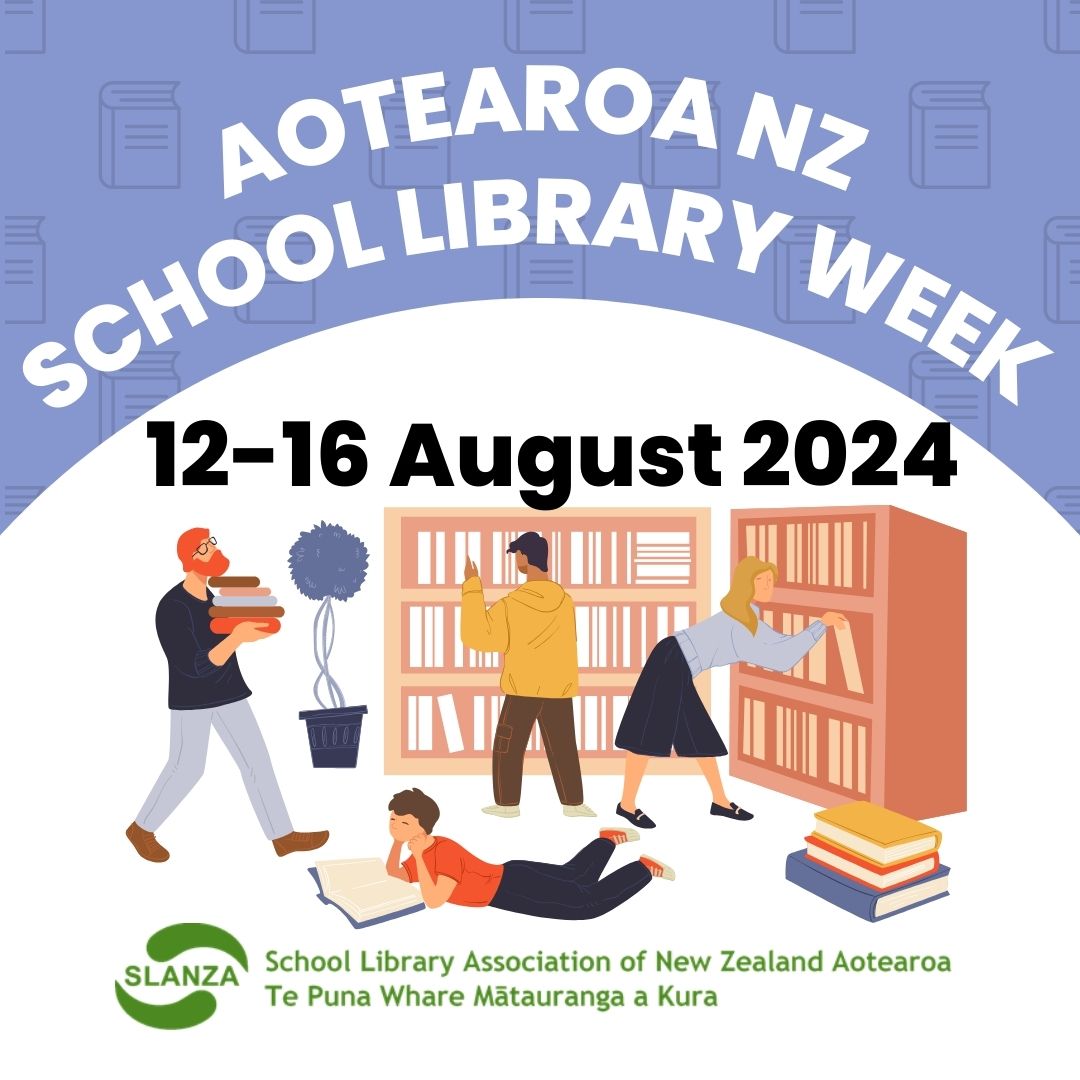 Announcing the Aotearoa NZ School Library Week dates for 2024. Join us 12-16 August 2024 to celebrate school libraries around the motu. More details and resources to come slanza.org.nz
#aotearoanzschoollibraryweek 
#celebrateschoollibraries 
#SchoolLibrariesTransform