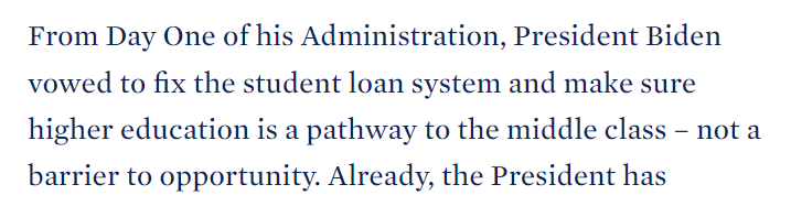 Was reading through the Biden press release on student loan cancellations and I stumbled upon this gem. Say it with me: cancelling debt is not 'fixing the system' and in fact exacerbates it.