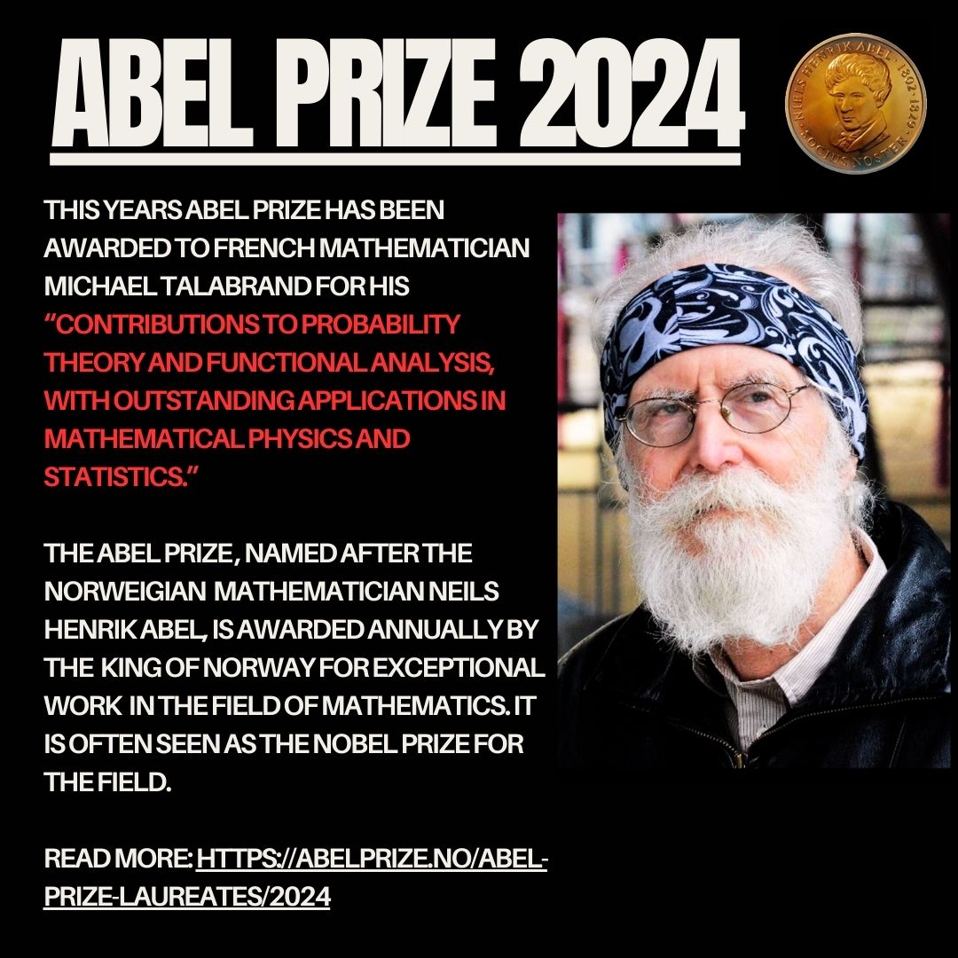 The  prize often called the Nobel prize for 'Mathematics' has been awarded  to Michael Talagrand for his work in understanding random processes. 
Abel Prize announcement: abelprize.no/abel-prize-lau…

Read more:scientificamerican.com/article/mathem…

#abelprize2024