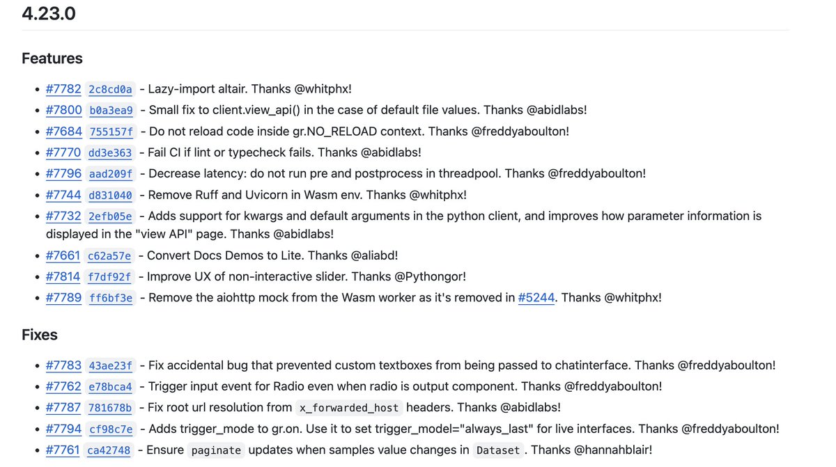 Gradio's tweet image. Start off the week by upgrading to Gradio 4.23.0 🔥

⌨️ Big improvements to Gradio&apos;s Reload mode
⚡️ Performance improvements -- speeds up postprocessing/preprocessing for components. 
🖼️ Redesigned &quot;view API&quot; page
🪄 Demos on the Gradio website now running on Gradio Lite