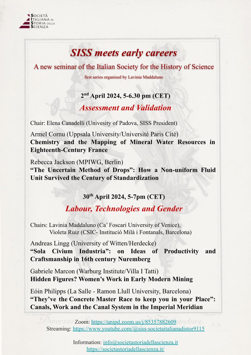 Excited to have organised this new seminar series on behalf of the @SISS_Outreach (Società Italiana di Storia della Scienza)! Completely online, everybody welcome and more sessions to come! Zoom link below ⬇️