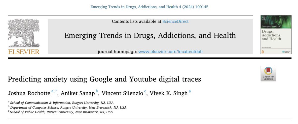 Josh Rochotte (@joshrochotte) on Twitter photo Can the way you use particular media predict whether or not you are anxious? Our research finds that it is possible. I am so excited to share my first publication! Check out our labs recently published paper now.
Thank you Aniket, <a href="/mudblood/">mudblood</a>, & <a href="/vivks/">Vivek Singh</a>!
👉🏼 sciencedirect.com/science/articl… Can the way you use particular media predict whether or not you are anxious? Our research finds that it is possible. I am so excited to share my first publication! Check out our labs recently published paper now.
Thank you Aniket, <a href="/mudblood/">mudblood</a>, & <a href="/vivks/">Vivek Singh</a>!
👉🏼 sciencedirect.com/science/articl…