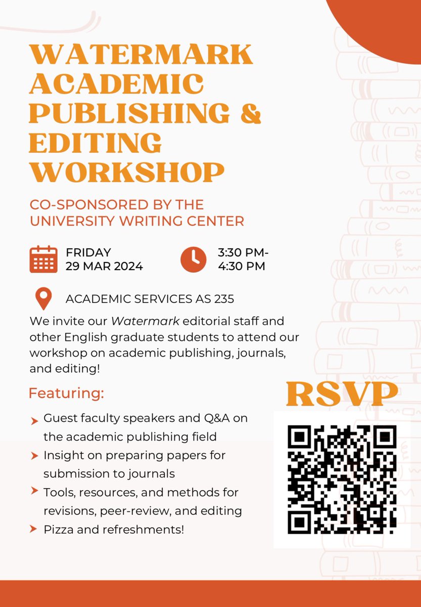 CSULB_UWC's tweet image. Watermark Academic Publishing &amp;amp; Editing Workshop in collaboration with CSU Long Beach’s Watermark team! 

Make sure to join us!
Friday, March 29th 
3:30 pm - 4:30 pm 
Academic Services Building (AS), Room 235

🔗: csulb.qualtrics.com/jfe/form/SV_9p… (or link in bio)