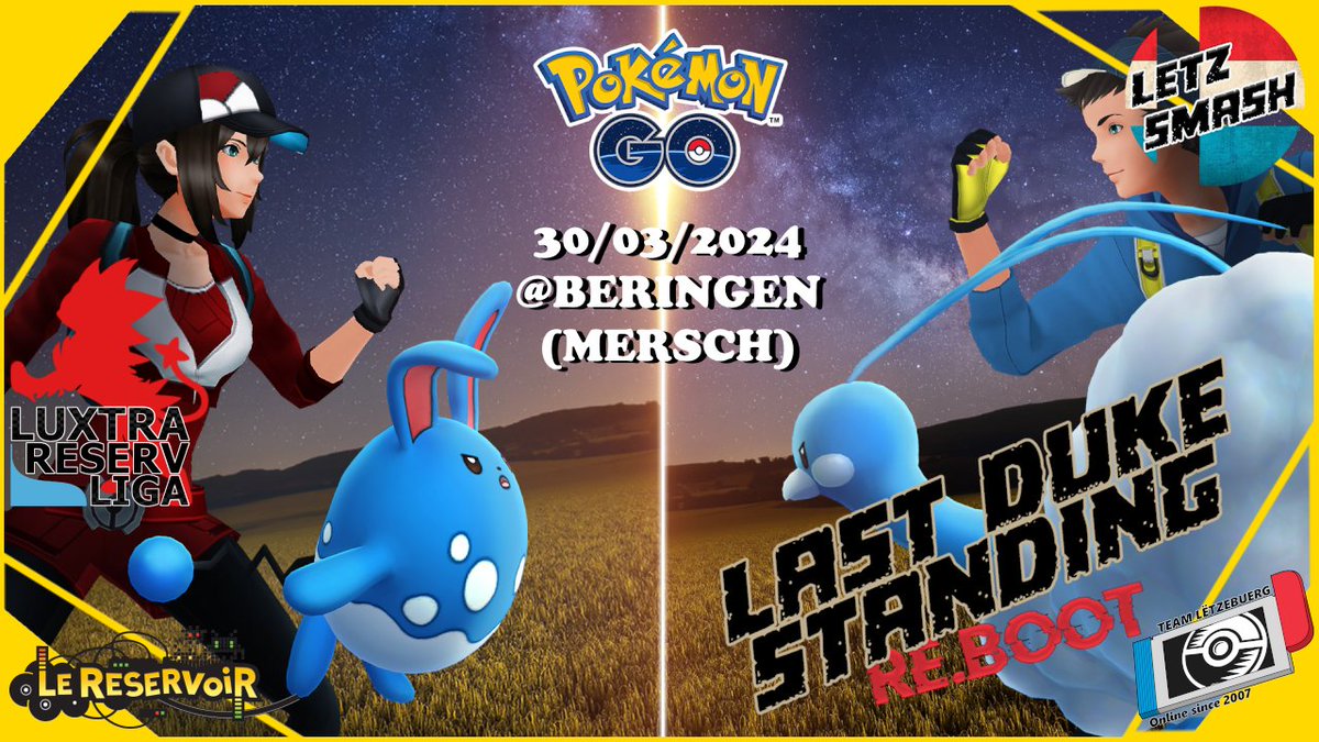 On 30th March <a href="/tl_teamlxb2007/">TL - Team Lëtzebuerg</a> and LETZ will have a collab event!  

Dino is organizing a Pokémon GO tournament! 

Timetable: 
11h00 : Check-In/Deck-Check 
12h30 : Snack Break 
13h00: Continue 

Player cap is 20! Follow the link to register: start.gg/LDS