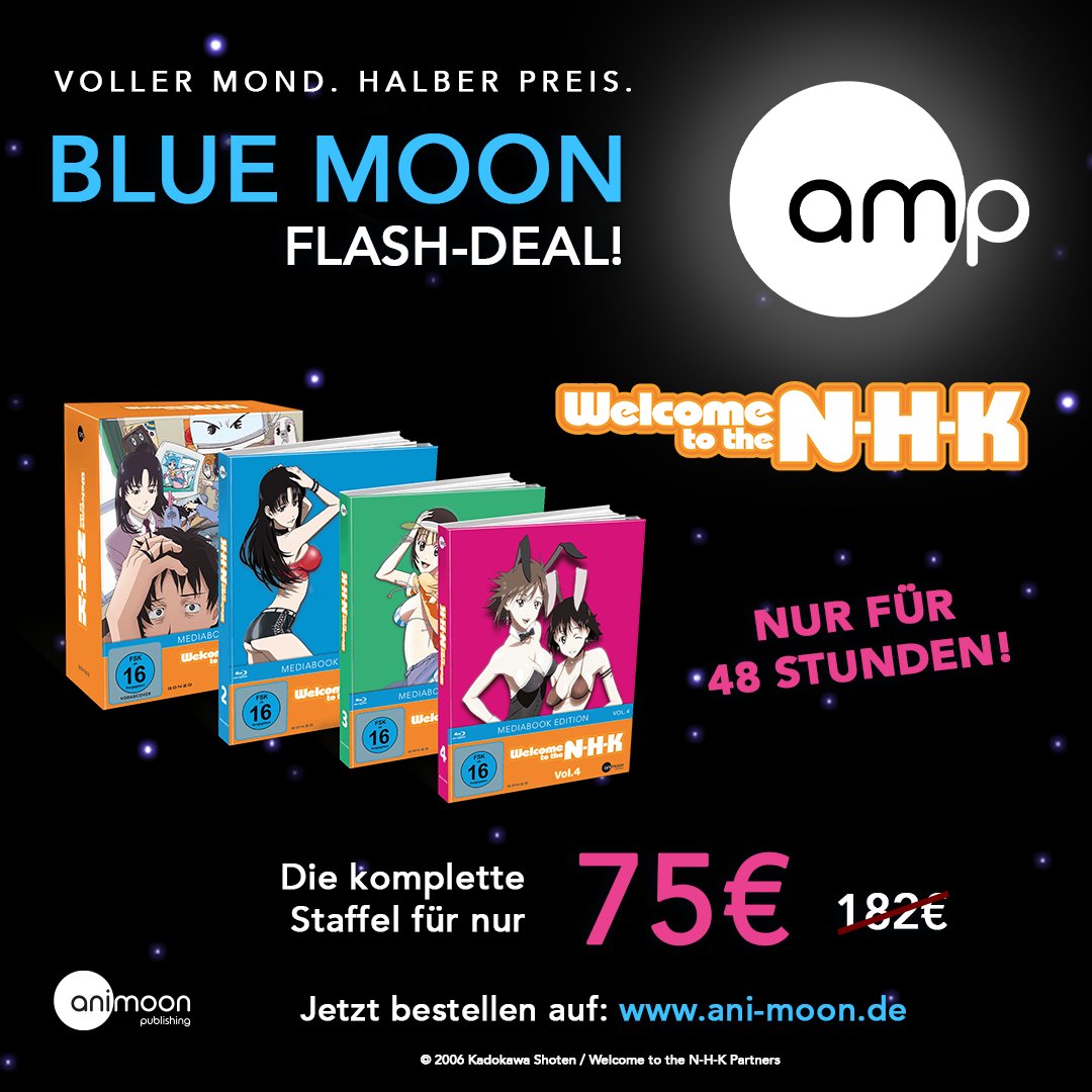 AniMoonAnime's tweet image. Der Vollmond lässt die Preise schrumpfen! 😍 Im BLUE-MOON-FLASH-DEAL⚡️ bekommt ihr jetzt die komplette Staffel von WELCOME TO THE NHK für schwindelerregende 75€!😱 Seid schnell, dieses strahlende Angebot verschwindet nach 48 Stunden im Dunkel der Nacht!➡ bitly.ws/3gKgd