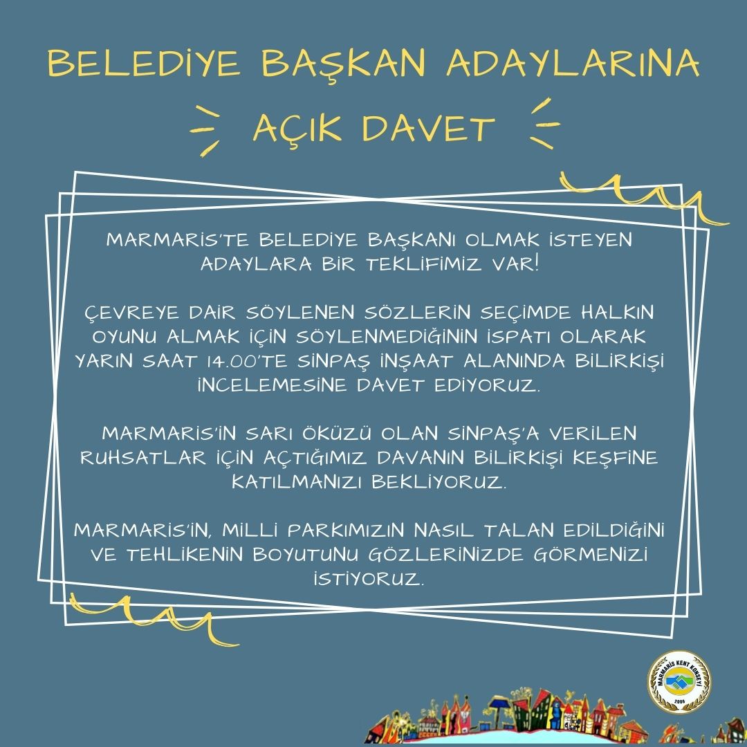 Marmaris'te belediye başkanı olmak isteyen @acarunlu, @AliAcar1955 ve @serkanyaziciTR'a bir teklifimiz var! Marmaris'in sarı öküzü olan Sinpaş’a verilen ruhsatlar için açtığımız davanın, yarın 14.00'de gerçekleşecek bilirkişi keşfine katılmanızı bekliyoruz.