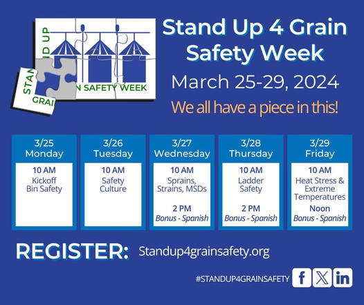 #StandUp4GrainSafety week is this week! Register for a week dedicated to focusing on safety.
Learn more, register and view the schedule online: standup4grainsafety.org