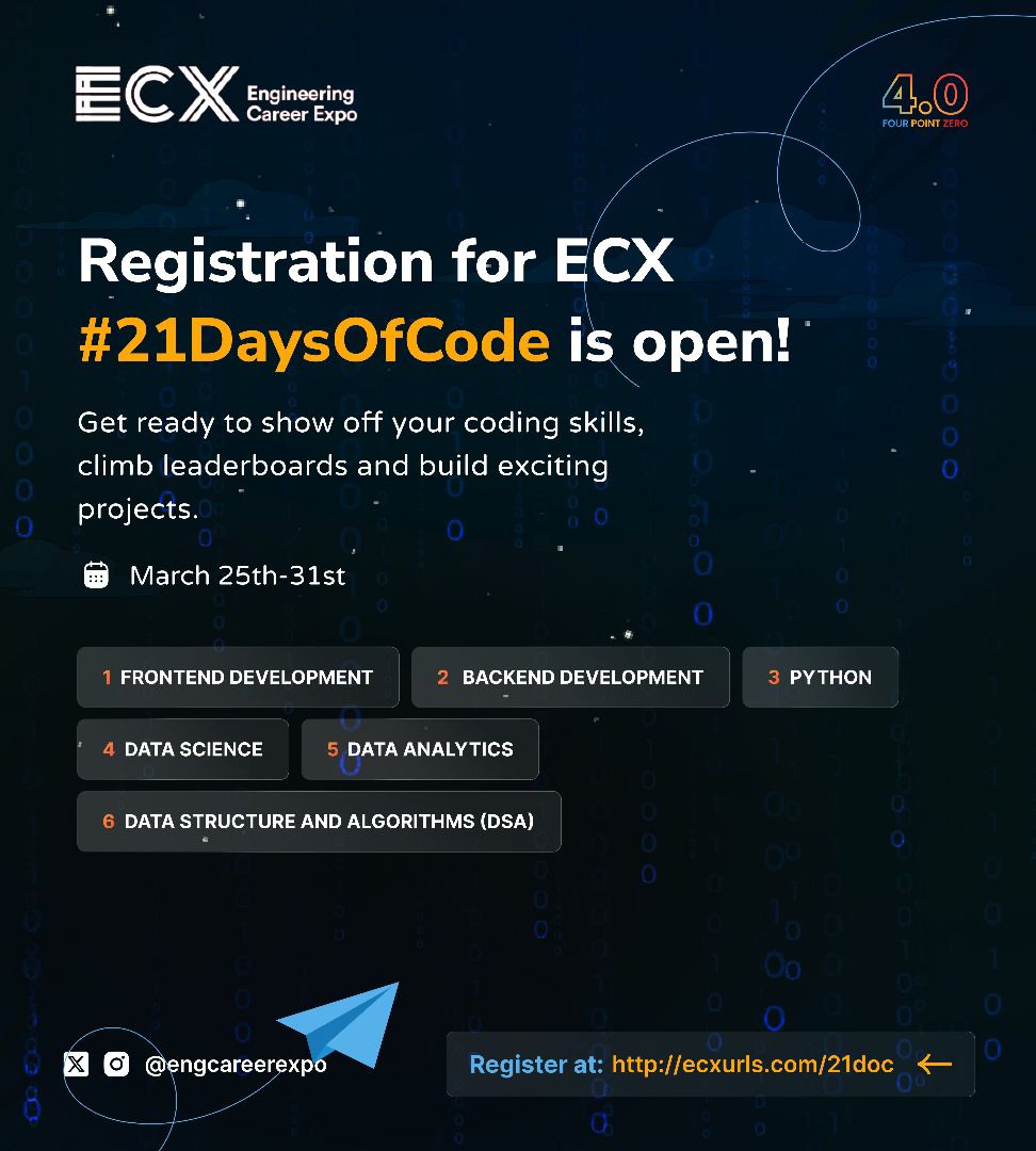 engcareerexpo's tweet image. Looking for an avenue to challenge your problem solving skills?๐ค
We are excited to share that #ECX 21 days of code and design is back!๐ฅณ
With ECX #21DaysOfCode, you can compete with other developers and level up your coding skills!!๐คฉ