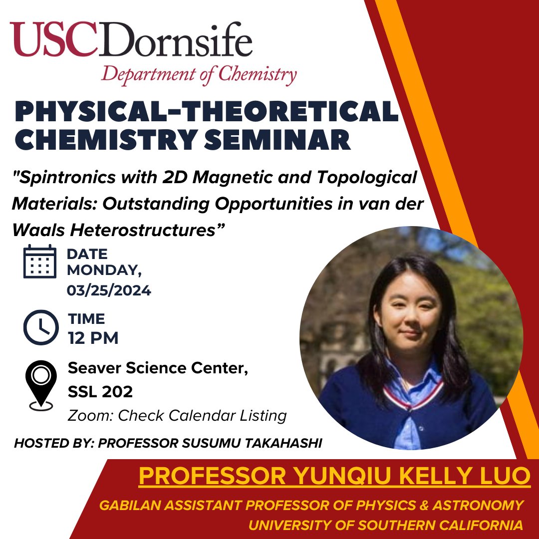 Please join us today for a Physical-Theoretical Chemistry Seminar! #dornsife #uscchemistry #seminar