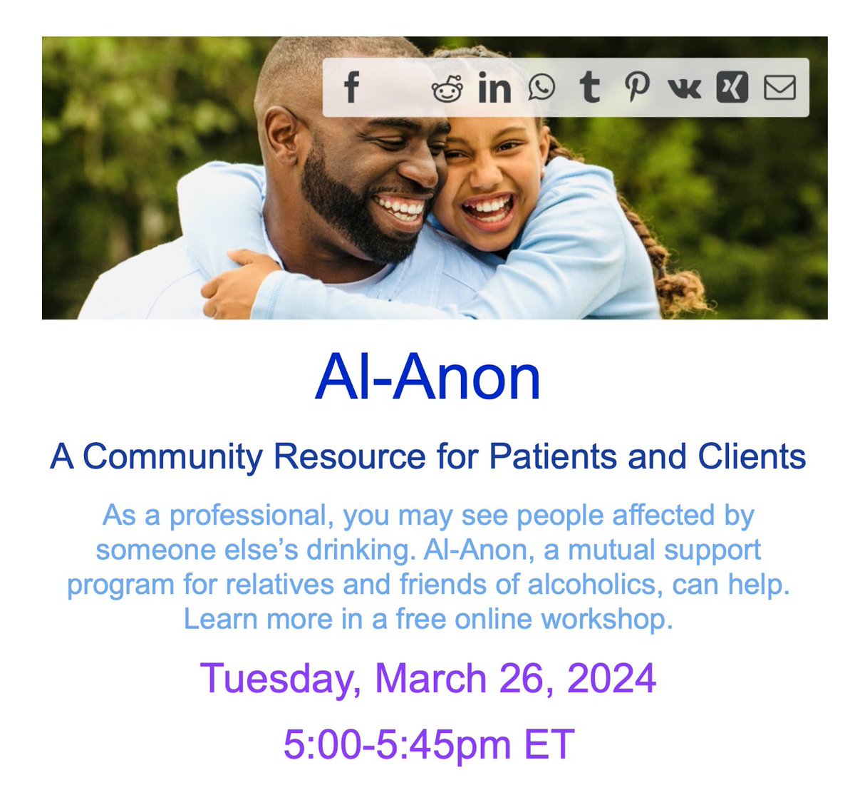 #Webinar Tuesday, March 26, 2024 5-5:45 pm ET Board member @drogorman invites you to this 45-minute webinar developed by @AlAnon_WSO for the professional community; 2 members of Al-Anon will share their experiences. A brief Q & A will follow. Register 🔽 us02web.zoom.us/meeting/regist…