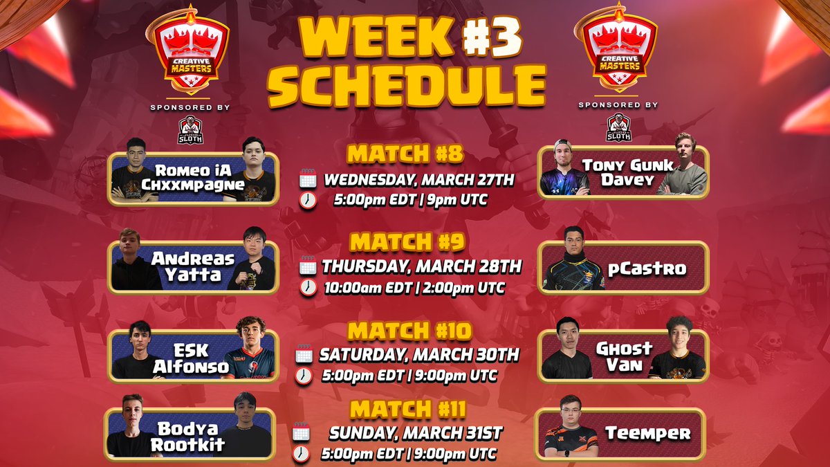 Creative Masters Series 3.0 - via <a href="/JudoSloth/">Judo Sloth Gaming</a>

🗓️ Week #3 Schedule 🗓️

Match #8 - Wednesday, March 27th | 9pm UTC
<a href="/RomeooiA/">Romeo iA^</a> &amp; @Orgxsmo1 vs <a href="/TonyGunk_10/">Tony Gunk</a> &amp; @Davey16433487 

Match #9 - Thursday, March 28th | 2pm UTC
<a href="/Andreas_coc/">Andreas</a> &amp; <a href="/yatta_coc/">NAVI Yatta</a> vs <a href="/pCastroLeao/">pCastro</a> 

Match #10 - Saturday,