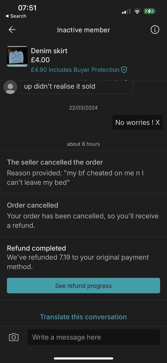 jnoley's tweet image. My friend sent me this earlier. She ordered a skirt off Vinted and after two weeks of waiting, the order was cancelled.
Check out the reason given.