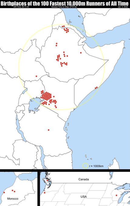 Birthplaces of the 100 Fastest 10,000 m runners of all time.