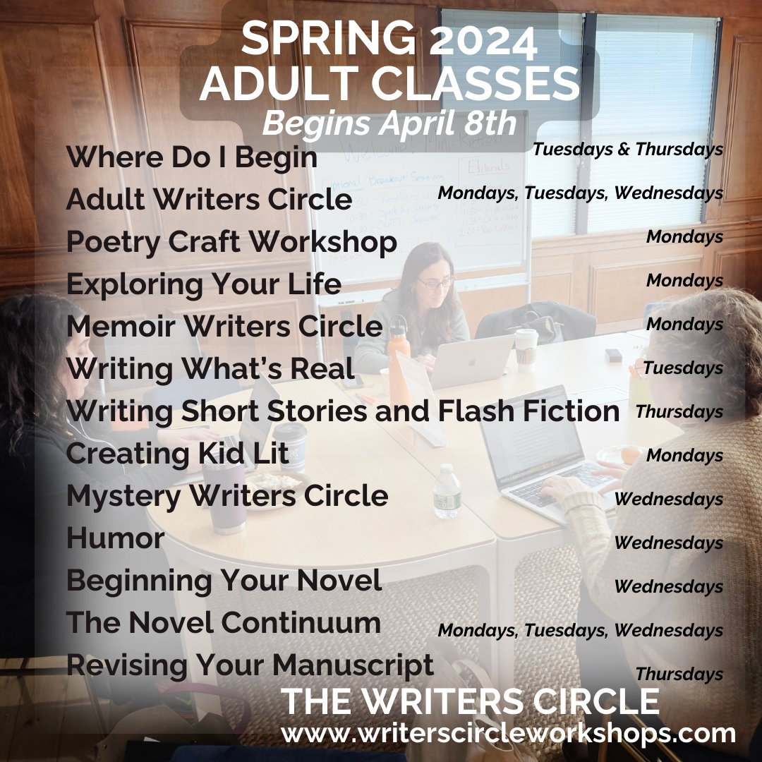 Our Spring Semester is HERE. We have an amazing line-up for our adult classes so if you've been looking for a workshop and a community of writers to join, The Writers Circle might be your answer! Check out our website for more details.  #writingcommunity
writerscircleworkshops.jumbula.com/spring-2024-ad…