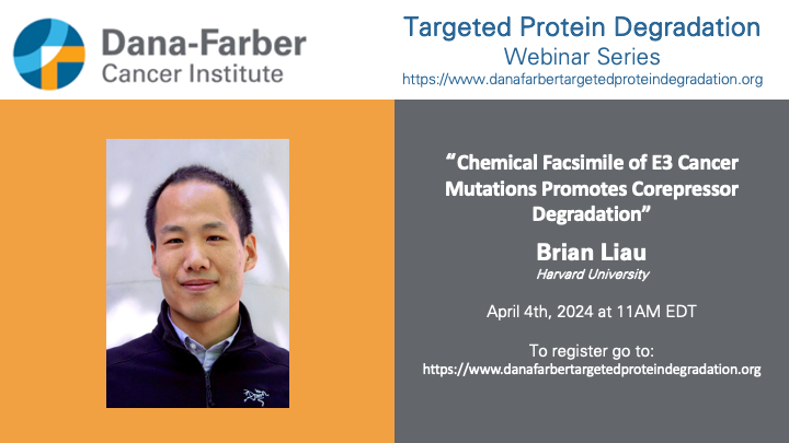 April 4th at 11am EDT, Brian Liau (@brian_b_liau) from @HarvardCCB will present in our DFCI TPD seminar series, sharing a new degrader mechanism entitled 'Chemical Facsimile of E3 Cancer Mutations Promotes Corepressor Degradation'. Very much looking forward to this seminar!