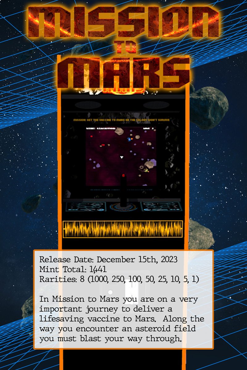 Mission to Mars was the second nft game released by arcaded.io.  Currently minting, still many rare NFTs to be found in this collection.  Including a 1 of 1.  Visit arcaded.io/shop to pick up your crate & crack it open! 
#nftgame #rareNFTs #minting #1of1
