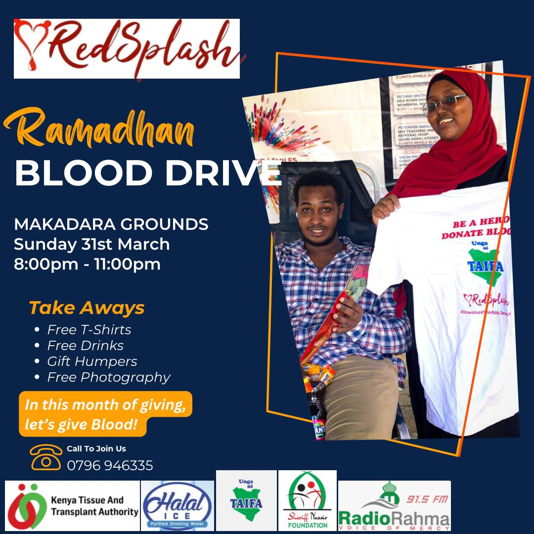In this month of giving, let's give #blood.
Join us as we donate this precious gift of life this Sunday, 31st March at Makadara Grounds.
Lots of amazing Take Aways for y'all heroes and heroines. Turn up! 
#redsplashke #redsplash
#Ramadhan
#love #blood #smiles