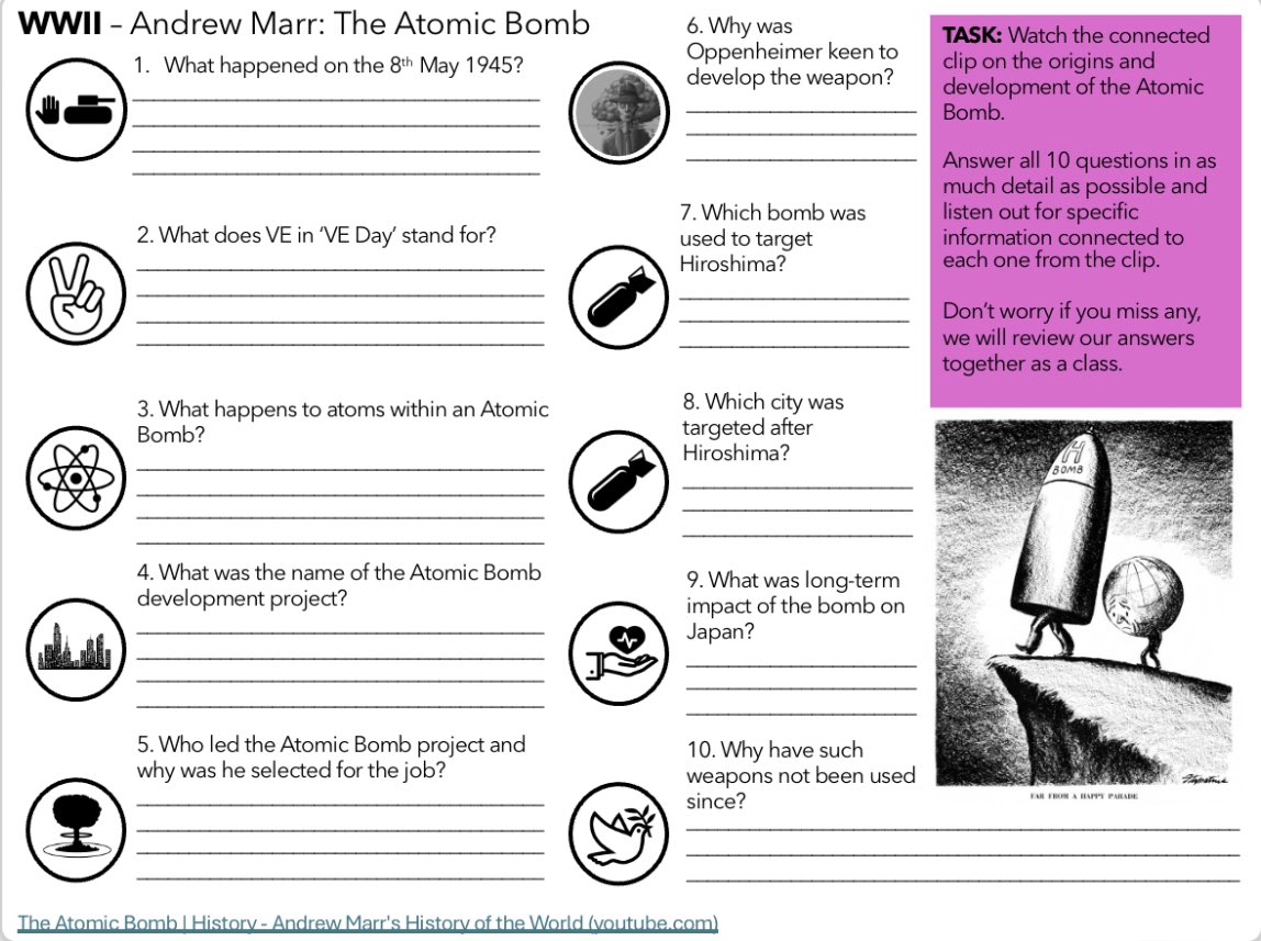 Another BBC clip sheet completed! This time students focused on @AndrewMarr9 snippet of the development, use and legacy of the Atomic bomb. Such a complex topic distilled into an accessible 10 minutes. #historyteacher