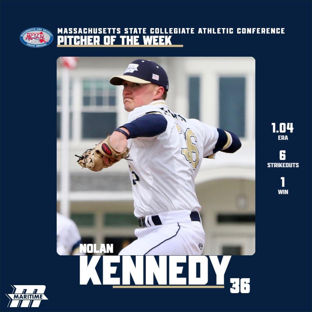 Sr. RP-Nolan Kennedy has been selected as the @mascacsports Pitcher of the Week! In two appearances last week, Nolan went 1-0, posting a 1.04 ERA with six strikeouts in 8.2 innings. Nice Job Kenn! #BucBall🏴‍☠️ #oneteamonefaMily #D3Baseball