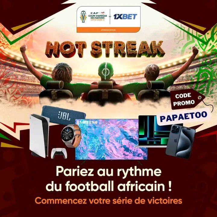 🌍 La CAN 2023 est là! La Côte d'Ivoire vibre au rythme du foot jusqu'au 11 février! 🏆 Parie avec la promo "Hot Streak" sur 1xBet " pour gagner un puissant PC MSI, un iPhone 15 Pro, des ordinateurs portables, des consoles de jeu et d'autres prix de valeur! Utilise le code PAPAET