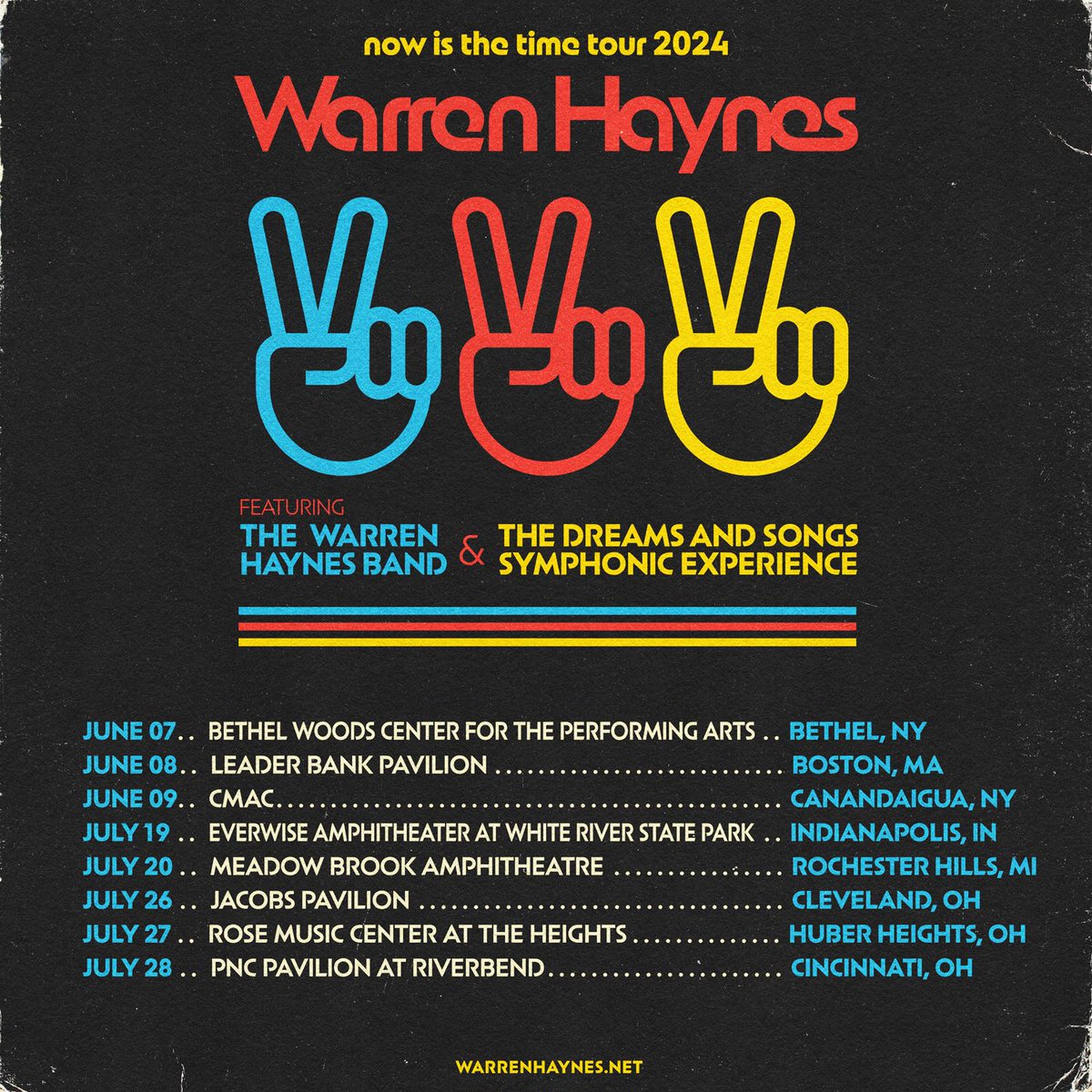 Warren Haynes' Now is the Time tour 2024 has added five dates in July. The tour features The Warren Haynes Band & The Dreams and Songs Symphonic Experience. Pre-Sale Mar 27, general on-sale Mar 29. Tix at: buff.ly/499rYQu.