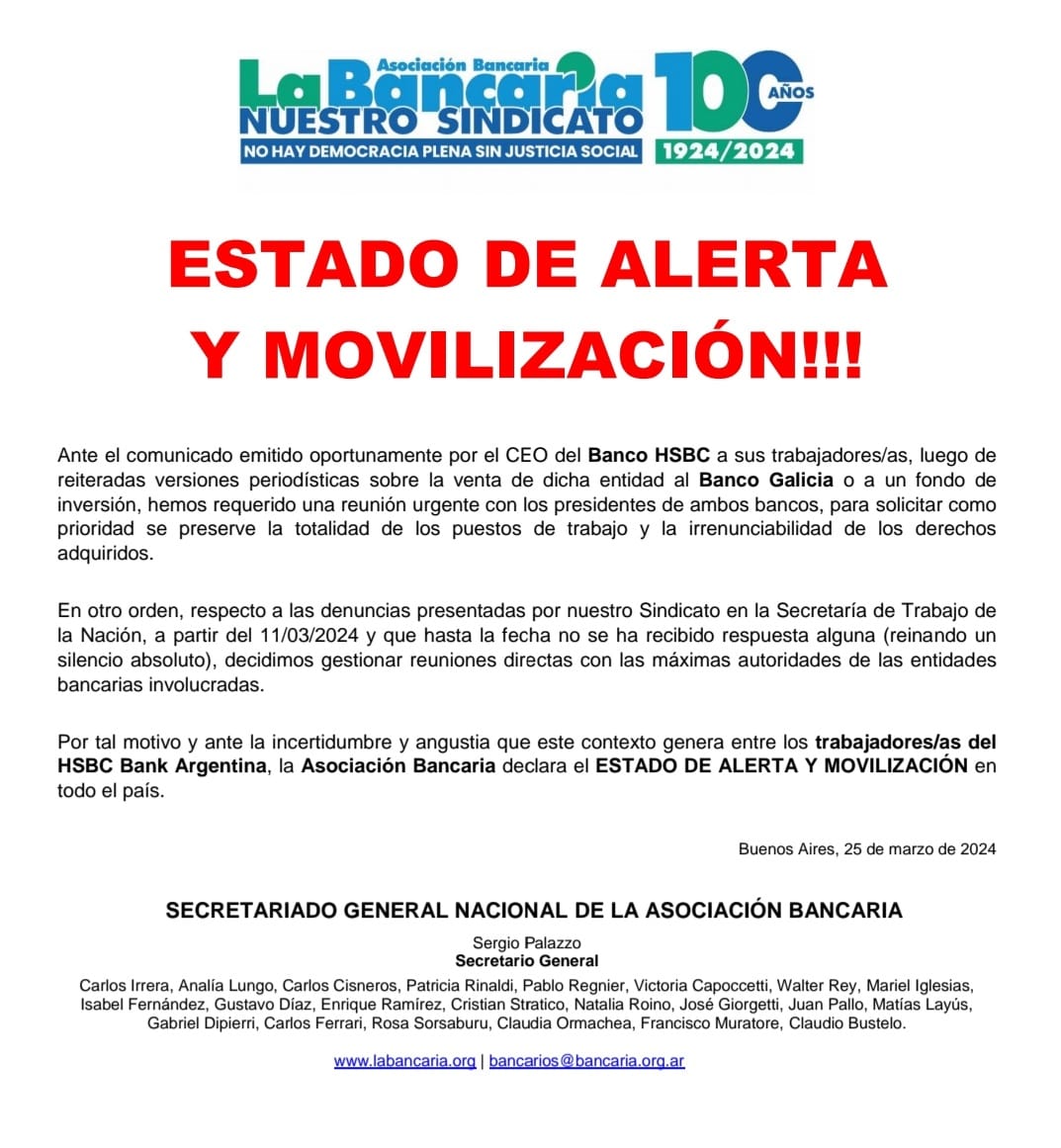 Ante la incertidumbre y angustia se está generando entre los trabajadores/as del HSBC Bank Argentina, la Asociación Bancaria declara el ESTADO DE ALERTA Y MOVILIZACIÓN en todo el país.

Nota 👉🏻 bit.ly/4cJYHiv