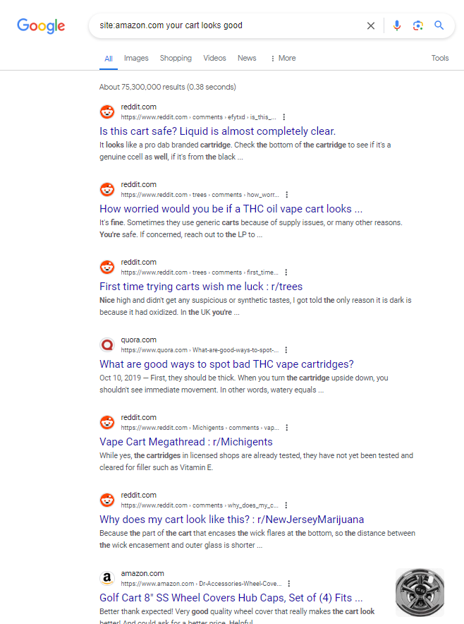 jp_cardinale's tweet photo. @brodieseo When I think of ecom SEO, you have been top of mind lately! Curious your thoughts here (although this may not be ecom related hah)

I got this SERP doing some "cart" searches/test

Have you ever seen site operators work like this? Interesting what sites appear #seo https://t.co/d2sepu4ux7