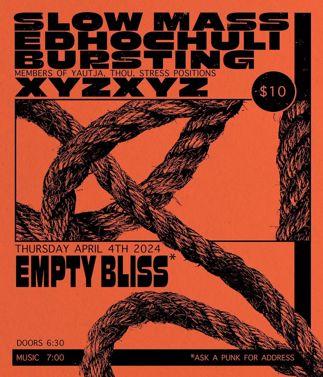 Next Chicago show. No other local shows planned after this. Empty Bliss w/ Edhochuli, Bursting (first show!) and @xyzxyzband. 7pm/$10 Flyer by Karen Mooney