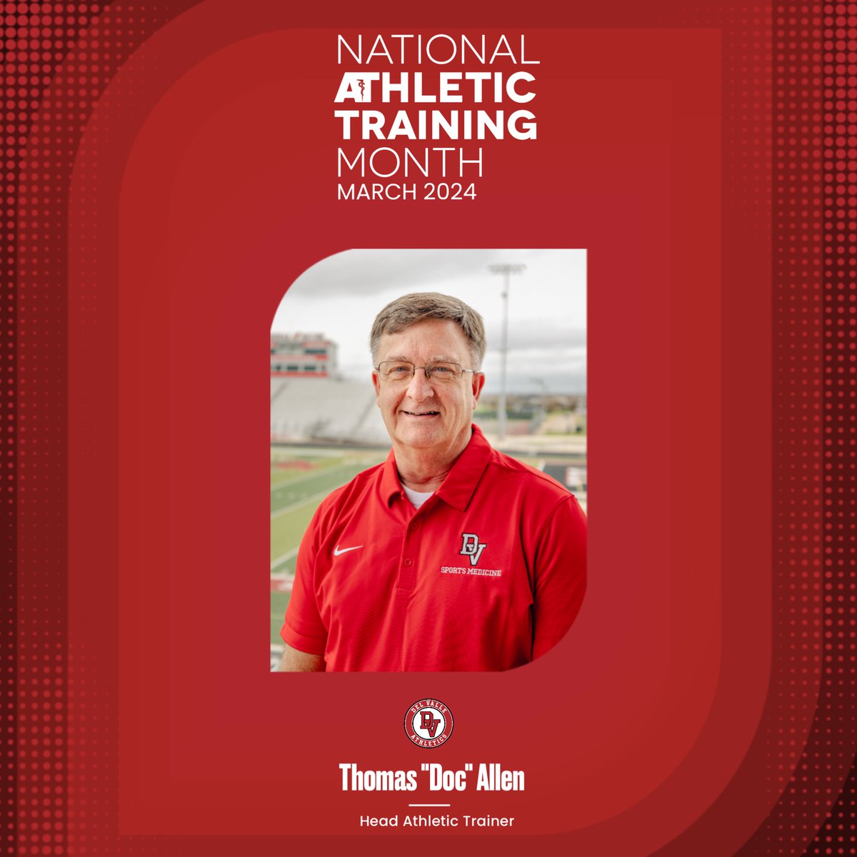 For National Athletic Training Month, Del Valle ISD Athletics recognizes Thomas 'Doc' Allen. Doc has served @DelValleISD students and coaches for 39 years. Our athletic trainers play a vital role in the health and success of our students. Thank you, Doc! 🫡