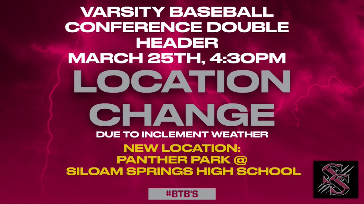 Due to the abundance of rain in the river valley, the conference game originally scheduled at Alma has been moved to Panther Park on the Siloam Springs High School Campus. Come out and support the guys as they take on the Airedales. First pitch @4:30.