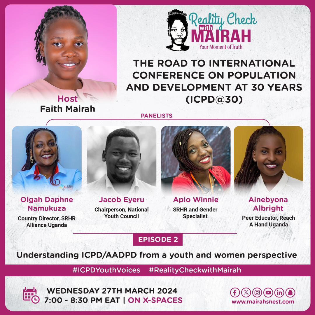 Ever wondered what #ICPD is and what role you can play as a  young person towards making your commitments heard,
Well, here's the team for you. 
Do join @Fmairah1 of  #RealityCheckwithMairah , as she hosts youthful and young professionals to this very strategic conversation.