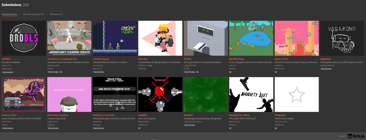 Look at all these lovely creations from @RealKevinCole's SuperTry GameJam 2024!

itch.io/jam/supertry-h…

#gamedev #itchio #hackfort