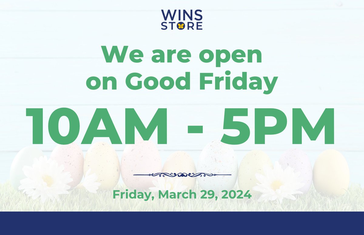Happy Easter Week from all of us at WINS! 

Good Friday our Stores are open - see below for hours!

Please note our More Store &amp; Donate Centre is open 8:00 am - 4:00 pm, and our Head Office will be closed. 

Any questions? Please send us a message!

#yyc #WINSyyc #yycthrift