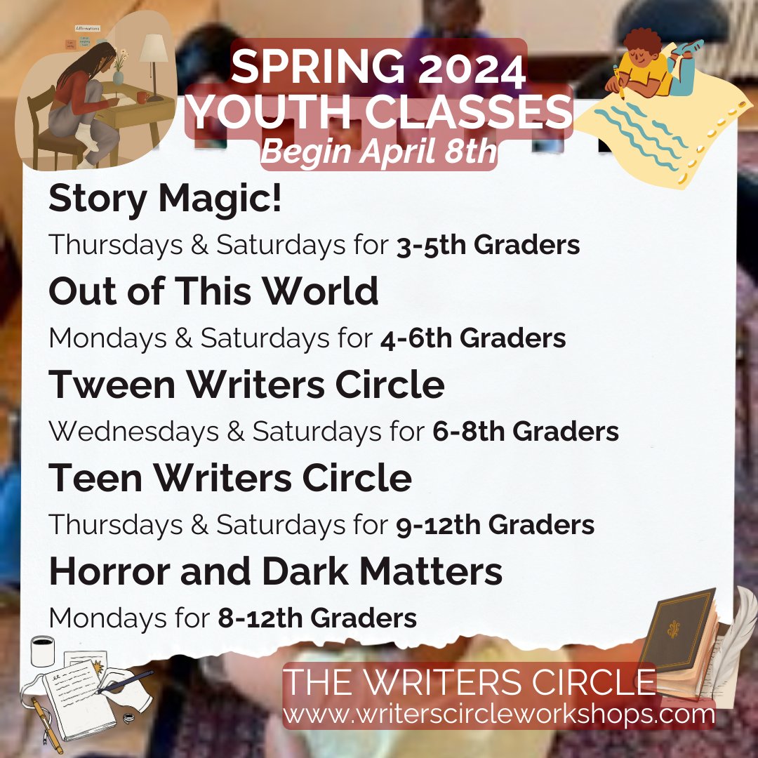 Our Spring Youth Classes start in only two short weeks! We still have spots left for our classes so if you know a kid who is interested in writing or is looking to start writing, sign them up! Go to our website for more details on our class offerings. writerscircleworkshops.jumbula.com/spring-2024-yo…
