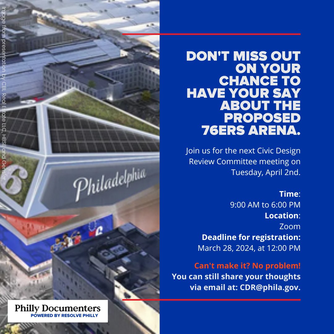 📢 #Philly residents! Don't miss your chance to speak out on the proposed 76ers arena! 🏀 Join the Civic Design Review Committee meeting on April 2nd, 9AM-6PM on Zoom. 

Register: equalinfo215.com/arena-meeting-…. 

Can't make it? Email your thoughts to CDR@phila.gov.