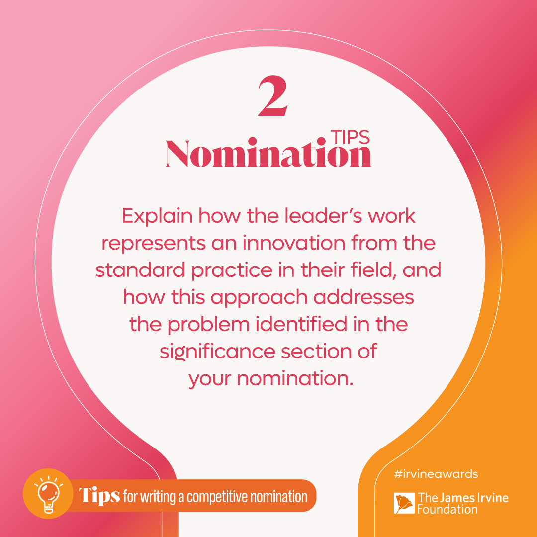 Want to learn tips for writing a competitive nomination? Follow along as we share more this week and watch our Informational Webinar for Nominators: bit.ly/3IN1bP8 #IrvineAwards #Innovation